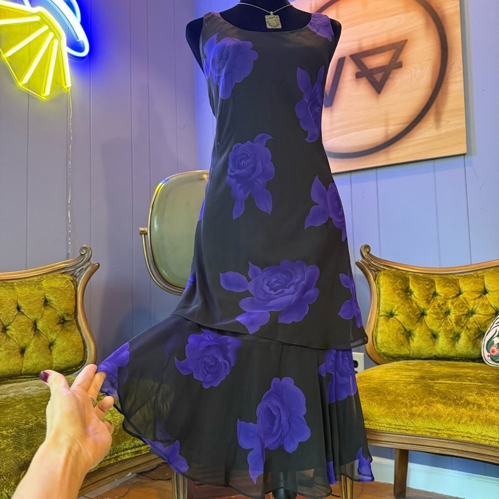 Vintage 90s MSK Black & Purple Tiered Floral Dress Size 6 - Picture 5 of 8